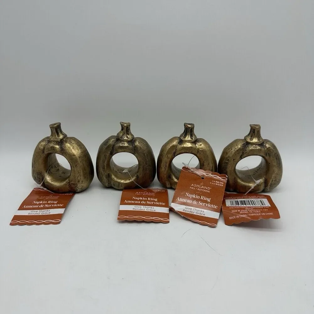 Ashland Fall Pumpkin Napkin Rings Lot of 4 Gold Thanksgiving Autumn Table Decor